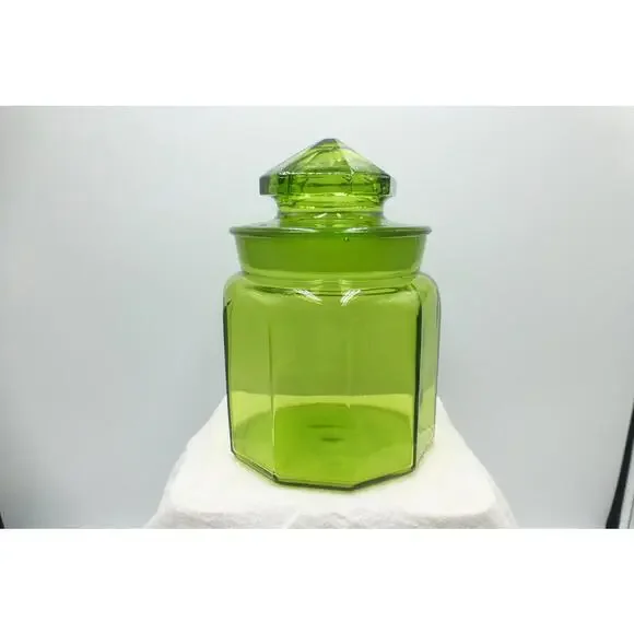 Vintage LE Smith 7.5" Green Glass 10 Paneled Canister Apothecary Jar w/Lid H1 - Picture 3 of 10